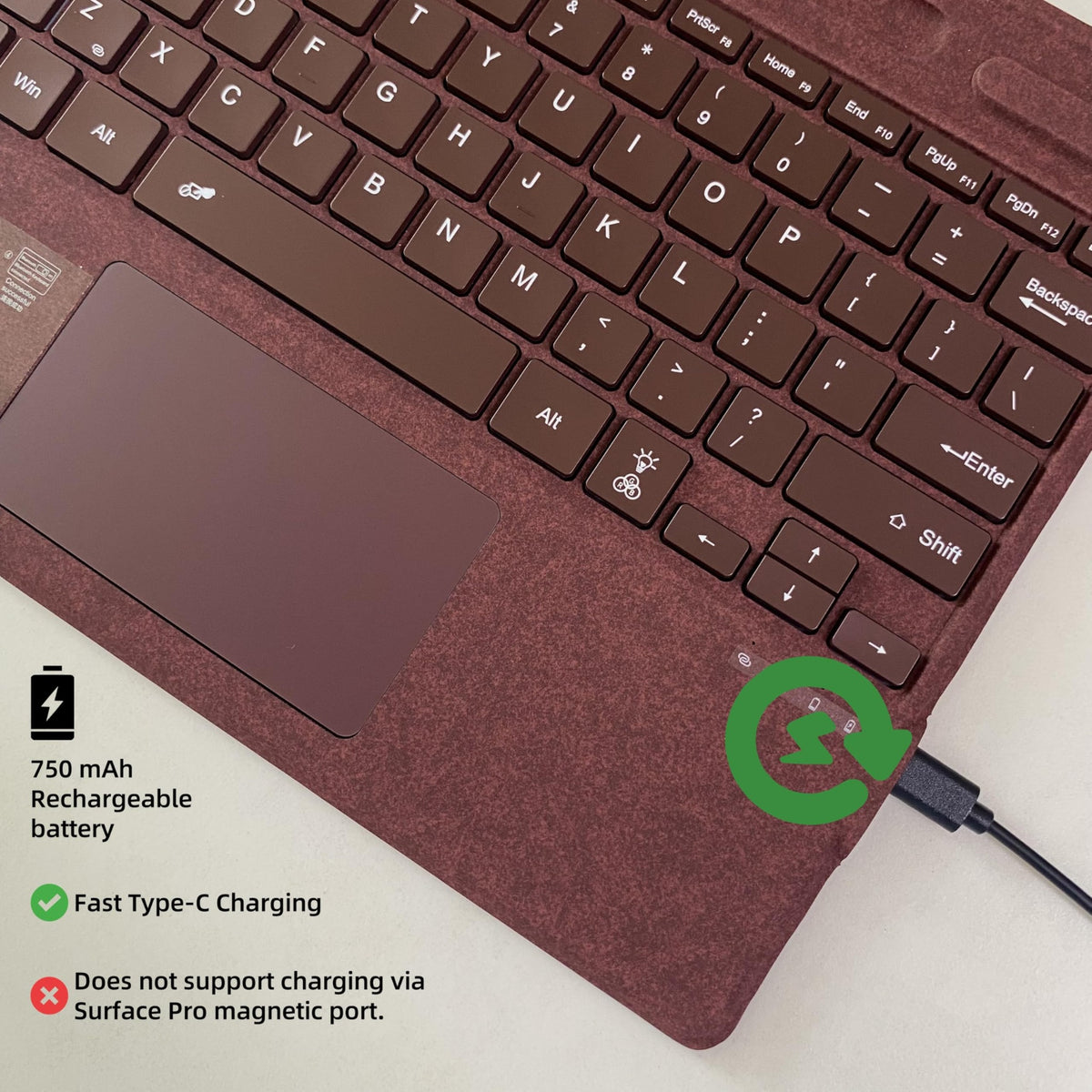 USB-C charging port on Mobee burgundy rechargeable Surface Pro keyboard