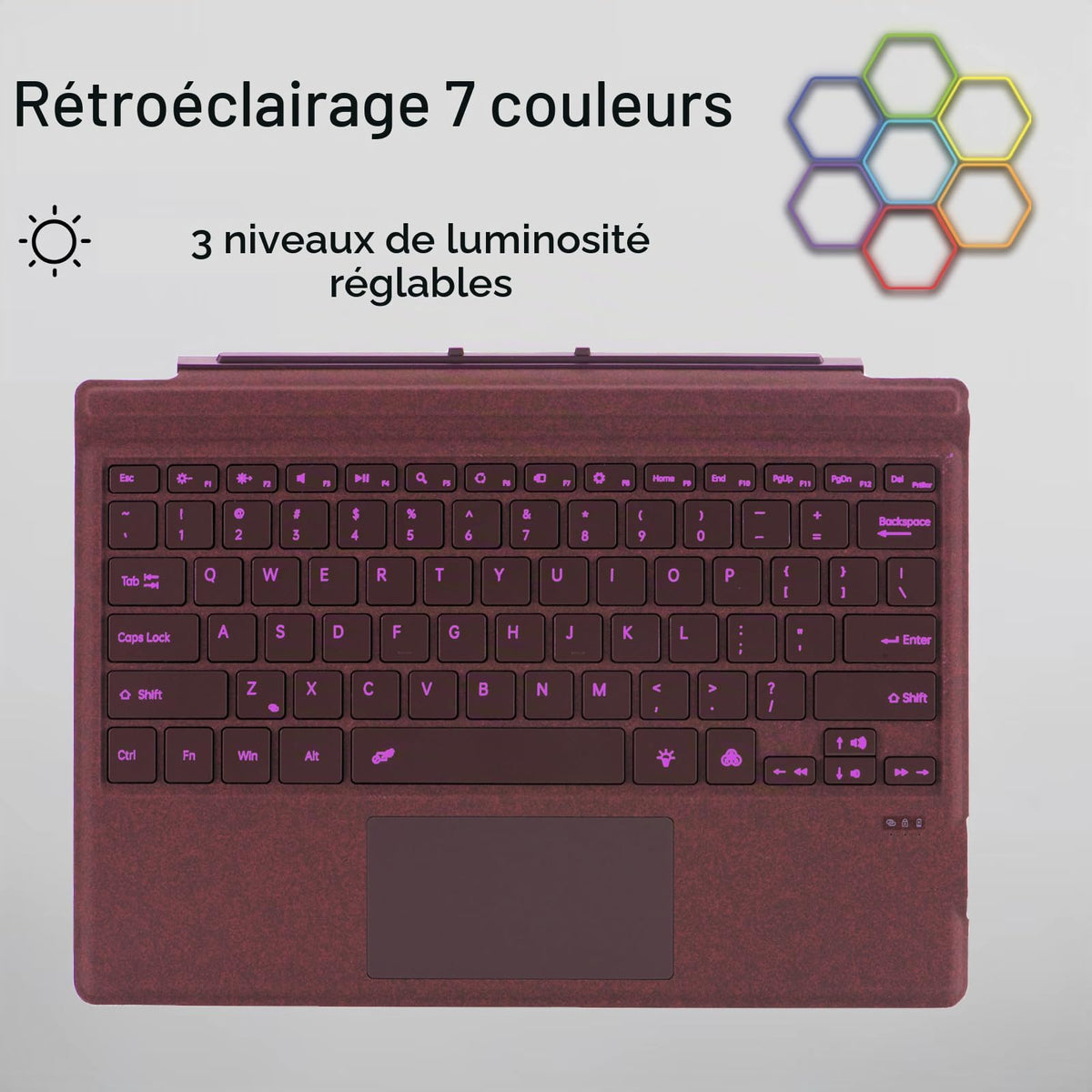 Seven-color backlit burgundy Mobee keyboard with three brightness settings