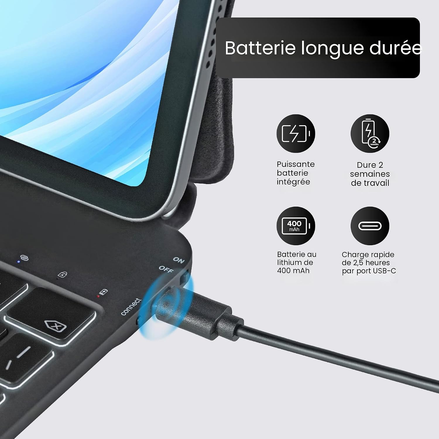 Mobee keyboard case with 400 mAh rechargeable battery and USB-C charging port