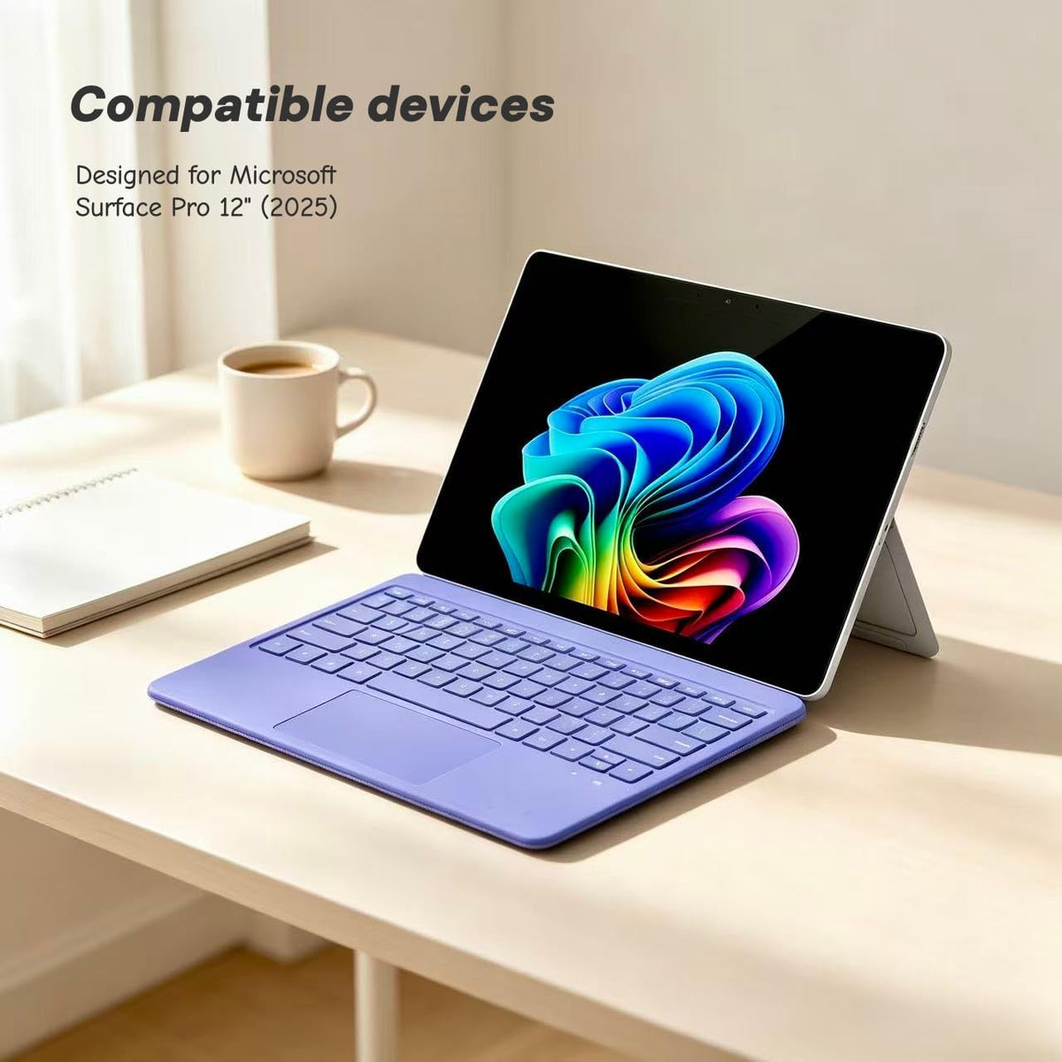 Purple Mobee keyboard attached to Microsoft Surface Pro 12 2025 on a desk