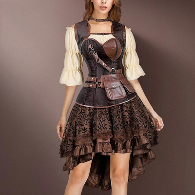 Robe corset pirate steampunk marron – Tenue cosplay en similicuir