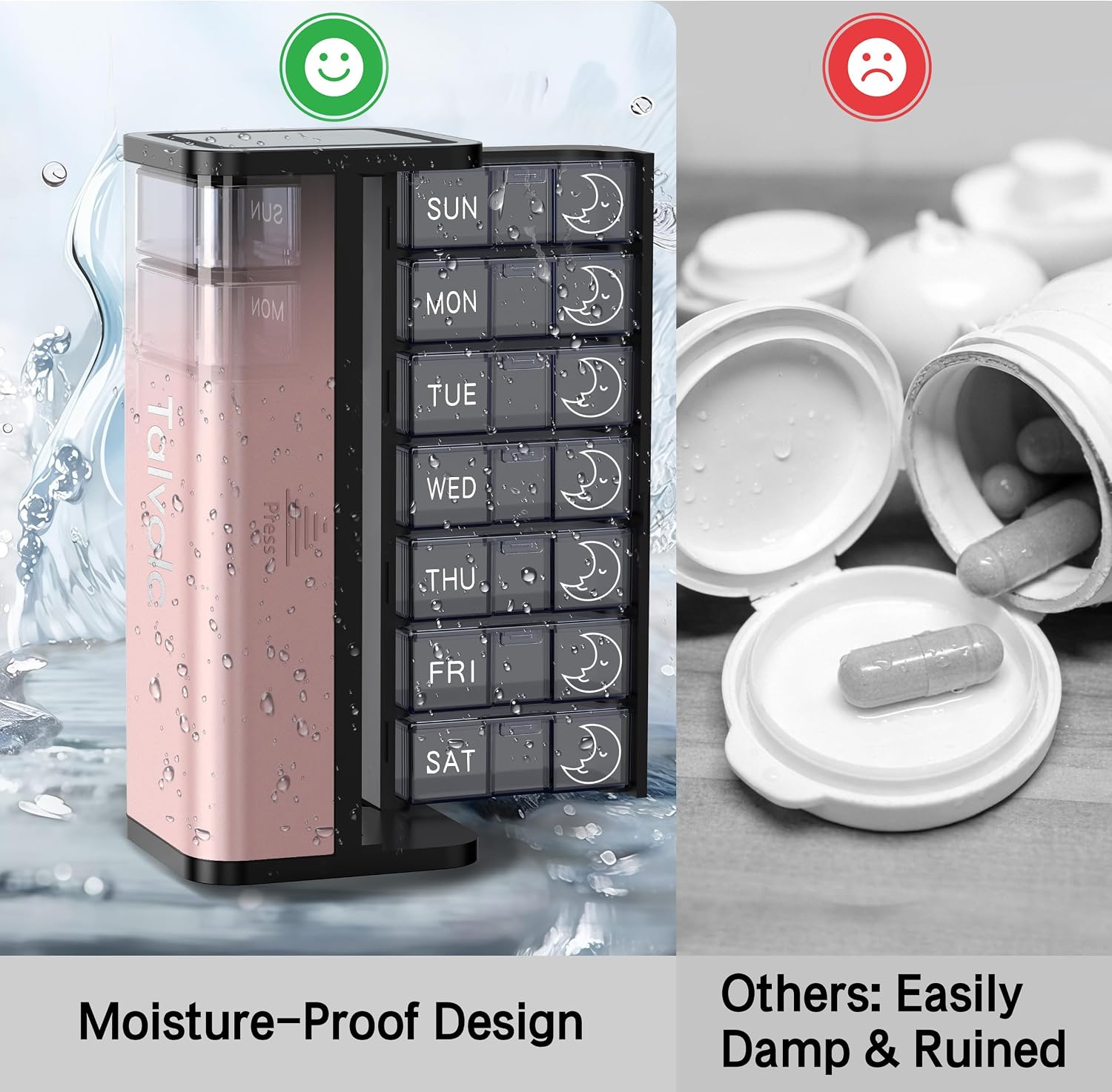 Moisture resistant travel pill organizer protecting medication