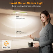 Woman using LED cabinet light under kitchen cupboard with 120° detection and 3m sensing distance.
