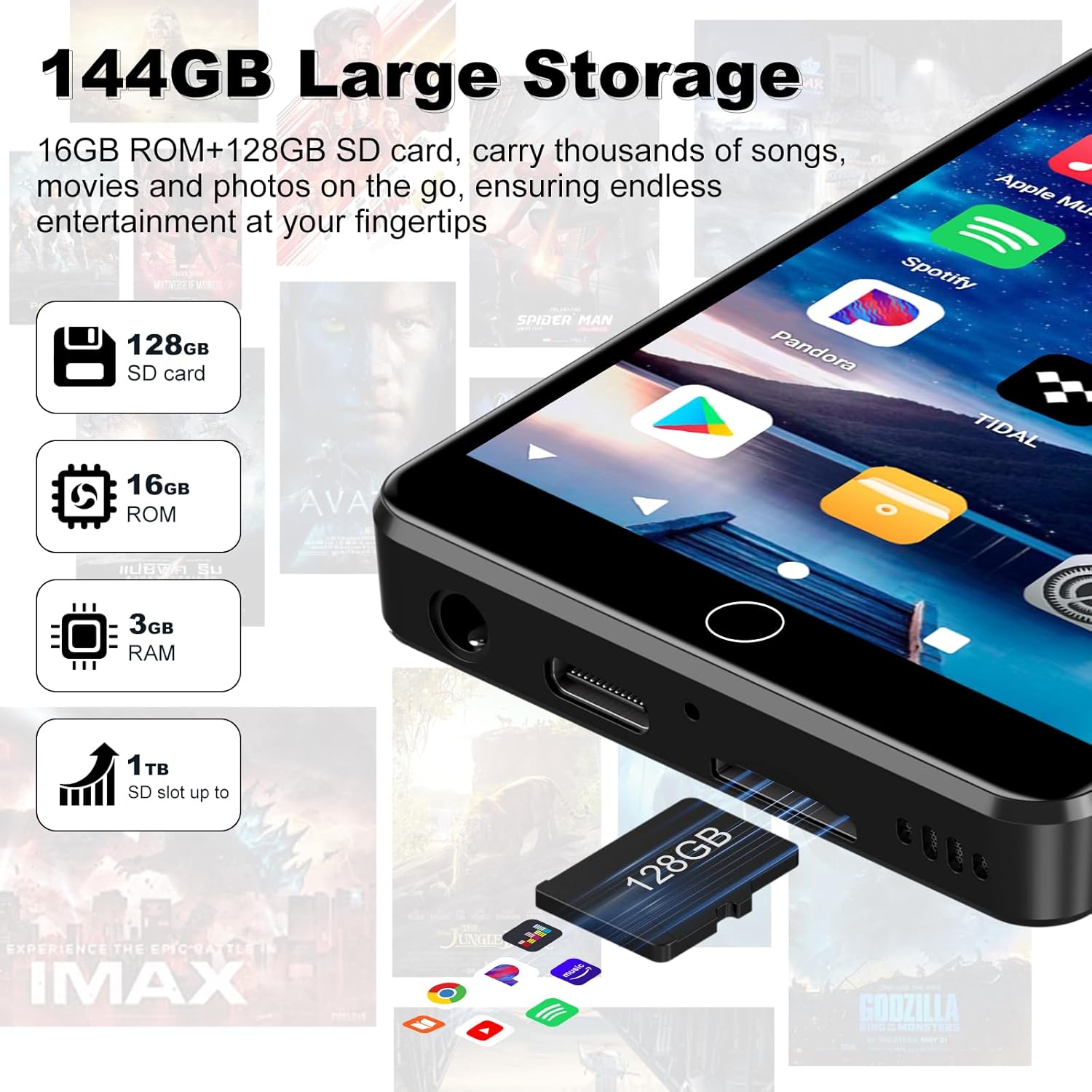 MP3 player with 144GB large storage capacity and expansion option
