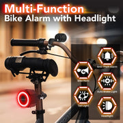 Multifunctional bike accessory showing alarm, horn, brake light, and headlight features.