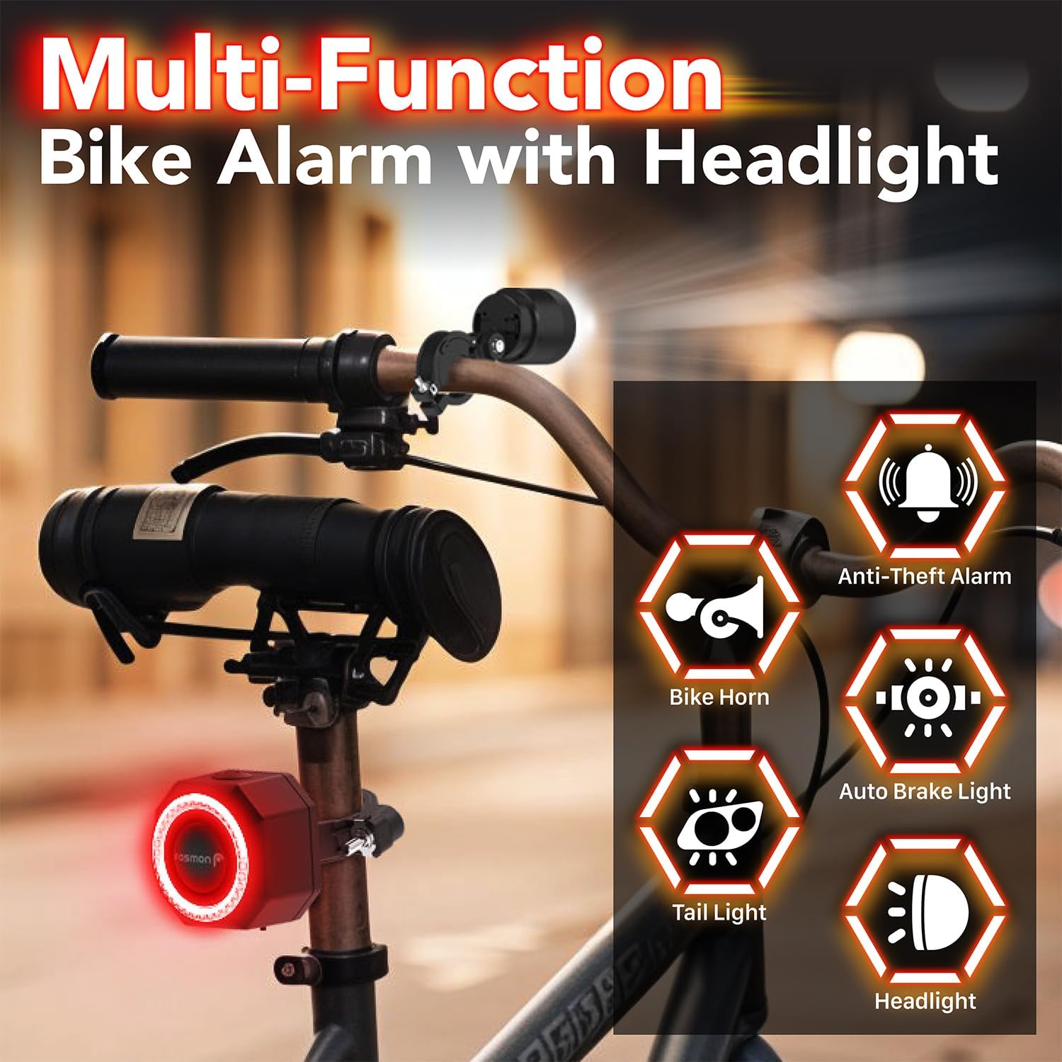 Multifunctional bike accessory showing alarm, horn, brake light, and headlight features.