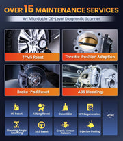 Car diagnostic tool showing over 15 reset and service maintenance options