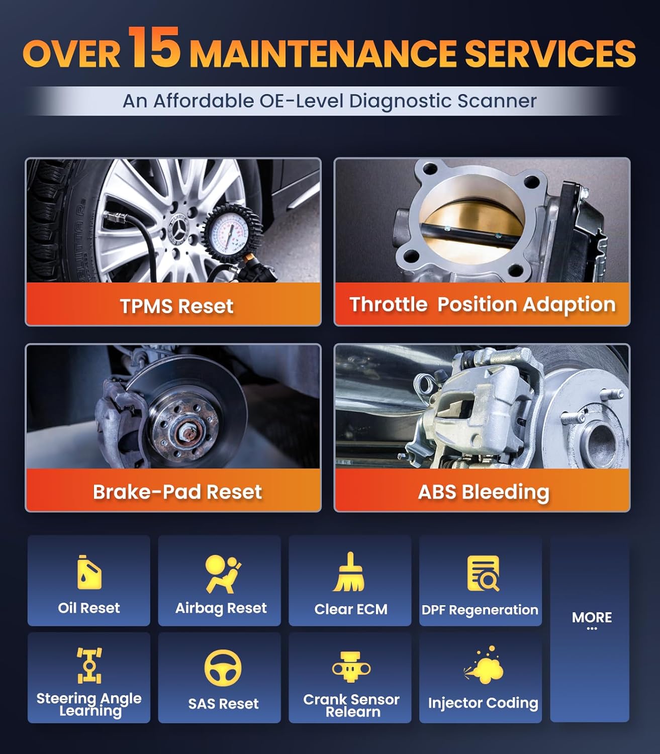 Car diagnostic tool showing over 15 reset and service maintenance options