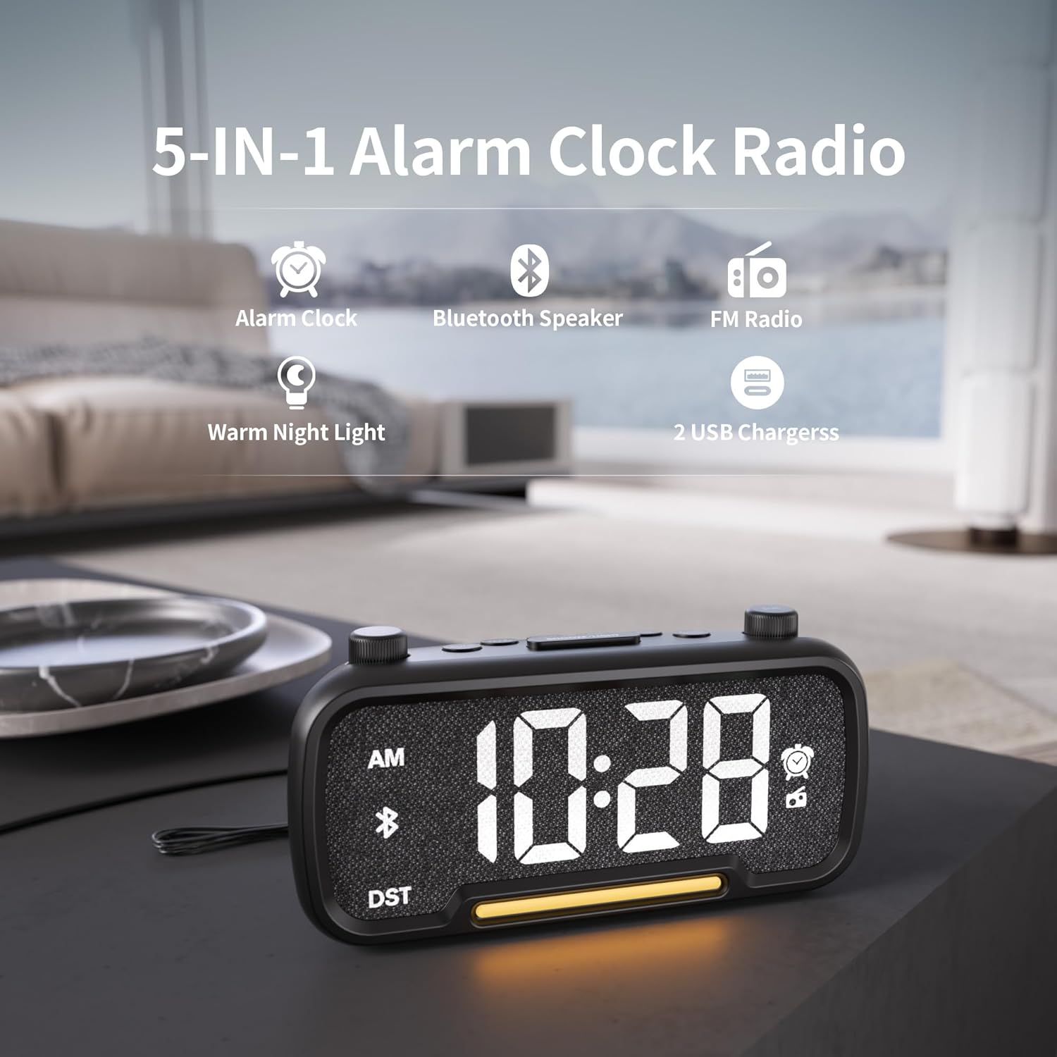 Alarm clock with Bluetooth speaker, FM radio, USB charging and night light on bedside table