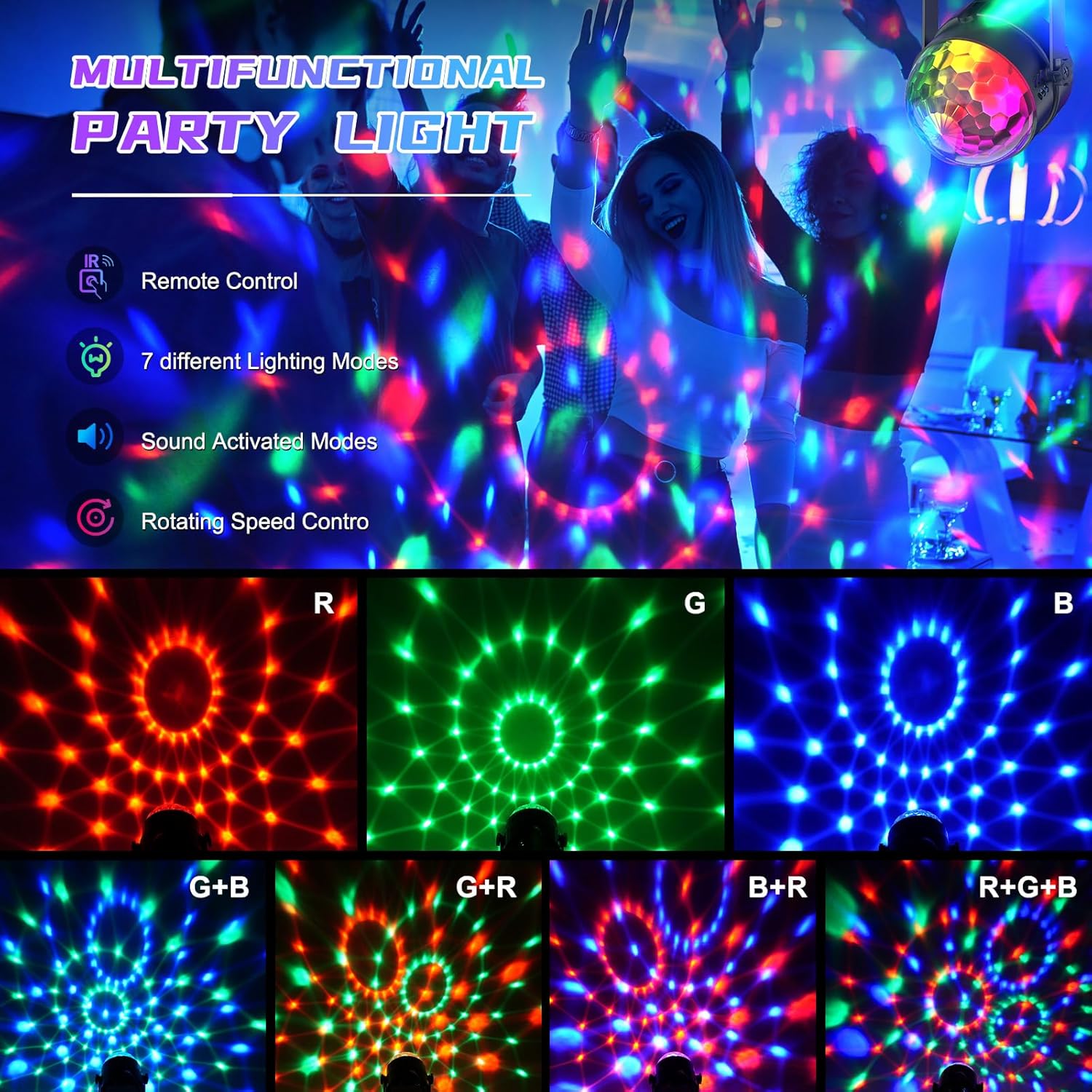 Multifunction RGB party light with rotating disco patterns and vibrant colors