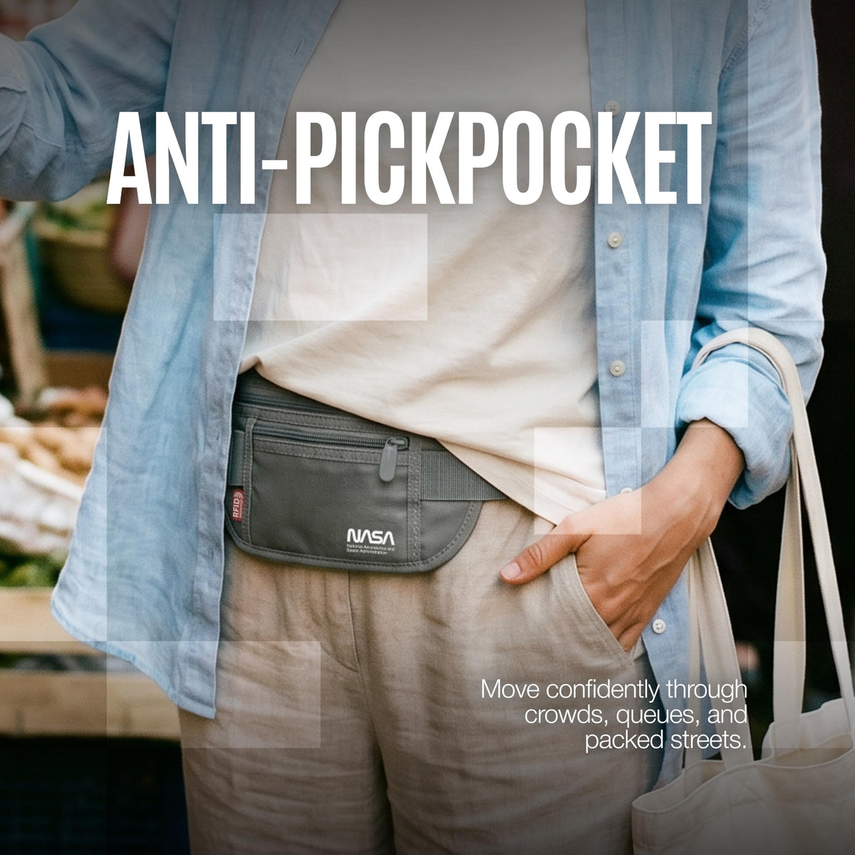 NASA anti-pickpocket waist bag worn discreetly while travelling