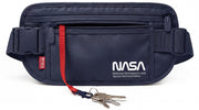 NASA RFID blocking waist bag in blue with multiple zippered compartments