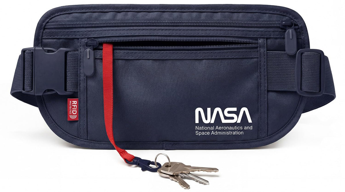 NASA RFID blocking waist bag in blue with multiple zippered compartments