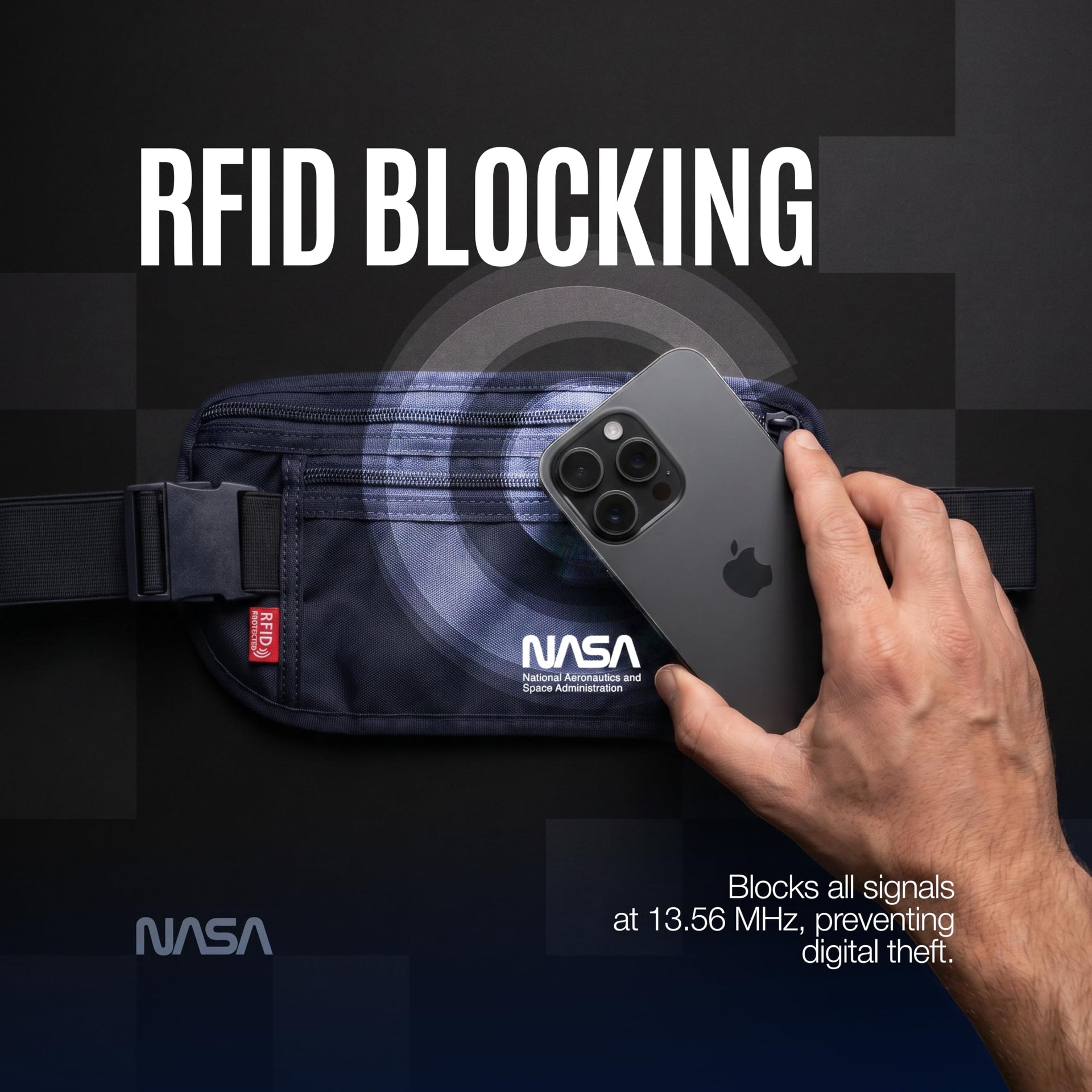 NASA RFID blocking waist bag demonstrating protection against 13.56 MHz scans