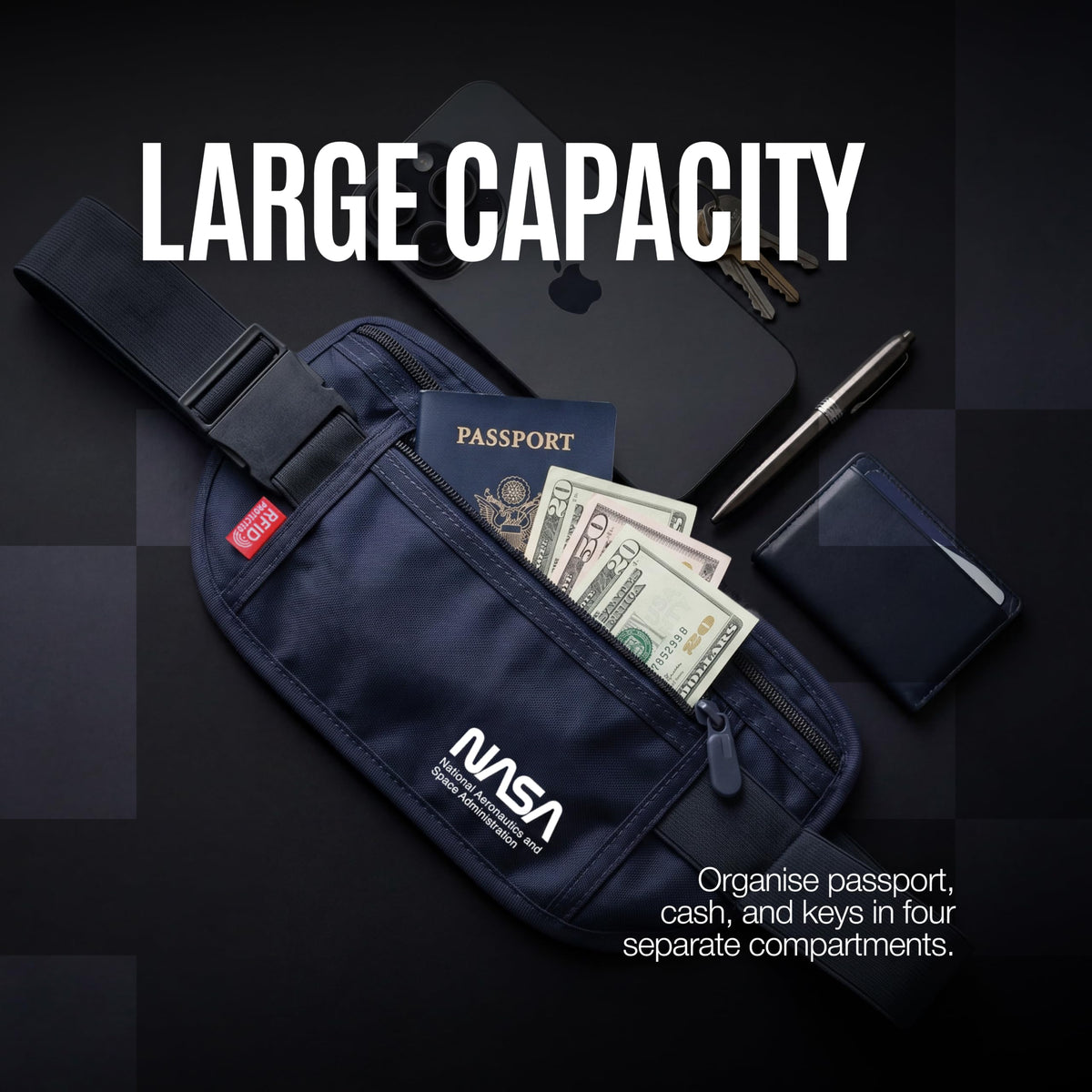 NASA RFID waist bag holding passport cash phone keys and travel essentials
