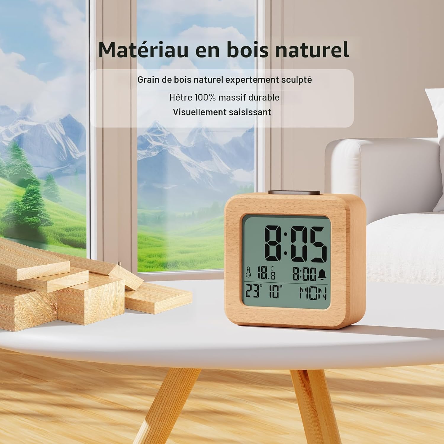 Minimalist wooden alarm clock with natural wood finish on table