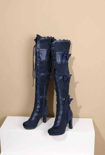 Bottes à lacets et talons hauts avec nœuds – Chaussures de soirée sexy style gothique lolita
