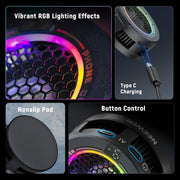Close-up shots of phone cooler showing RGB lighting, Type C port, and non-slip pad