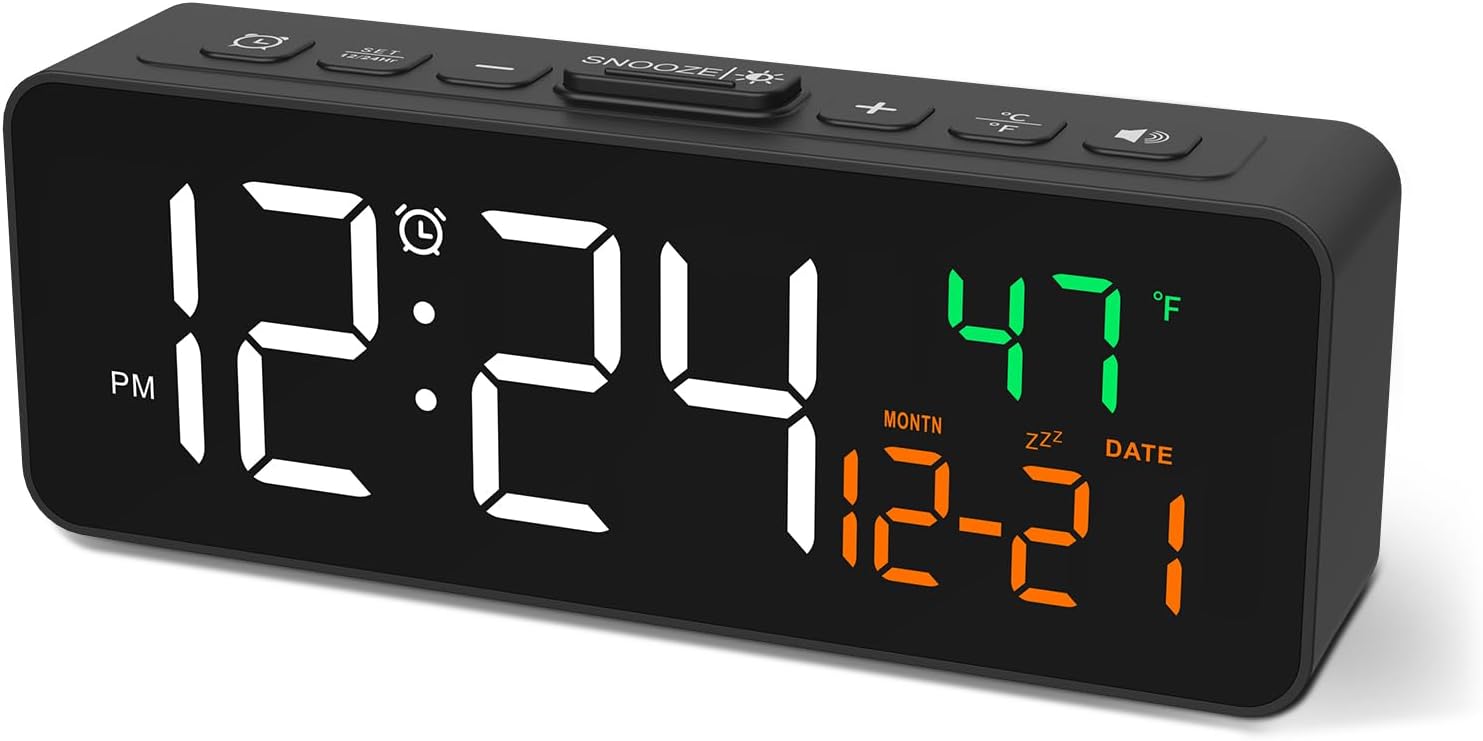 Front view of Netzu digital alarm clock showing time, date, and indoor temperature