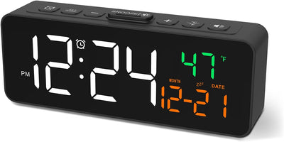 Netzu Digital Alarm Clock with Temperature, Date & Time Display – Compact Plug-In Desk Clock with Adjustable Brightness & Volume