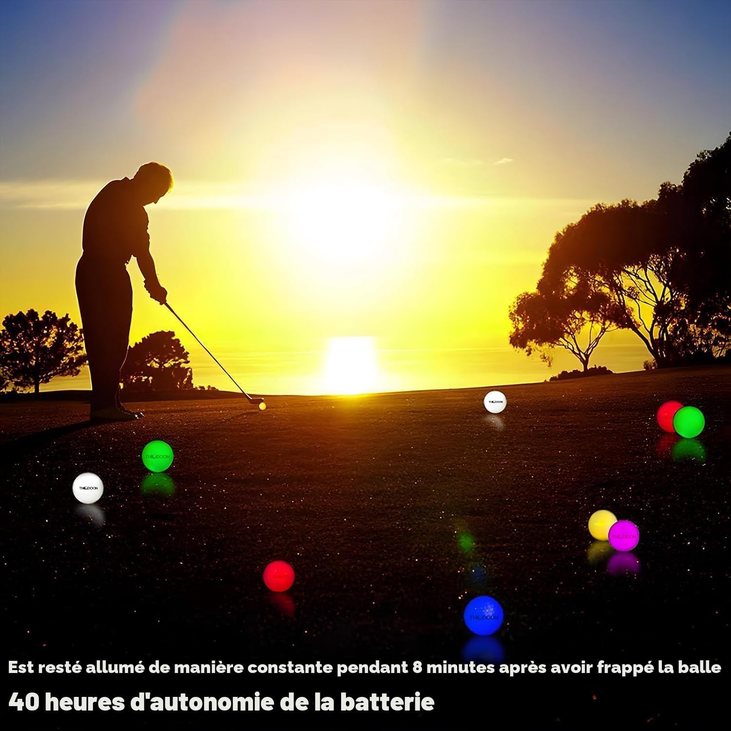 LED golf balls glowing during evening golf practice