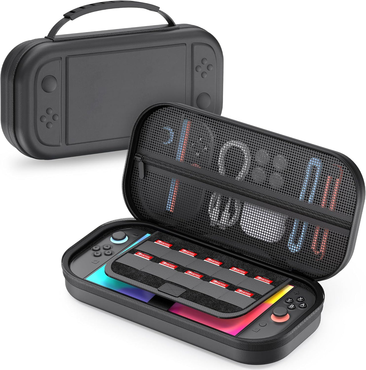 Open hard shell travel case for Nintendo Switch 2 with game cards and accessories inside