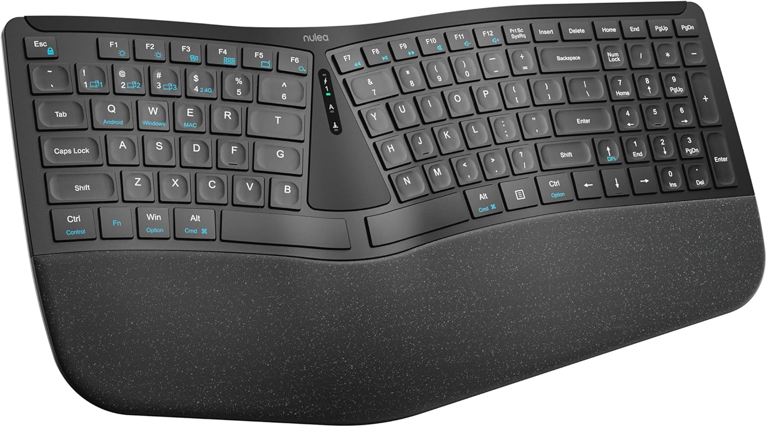 Nulea ergonomic wireless keyboard with split design and cushioned wrist rest in black