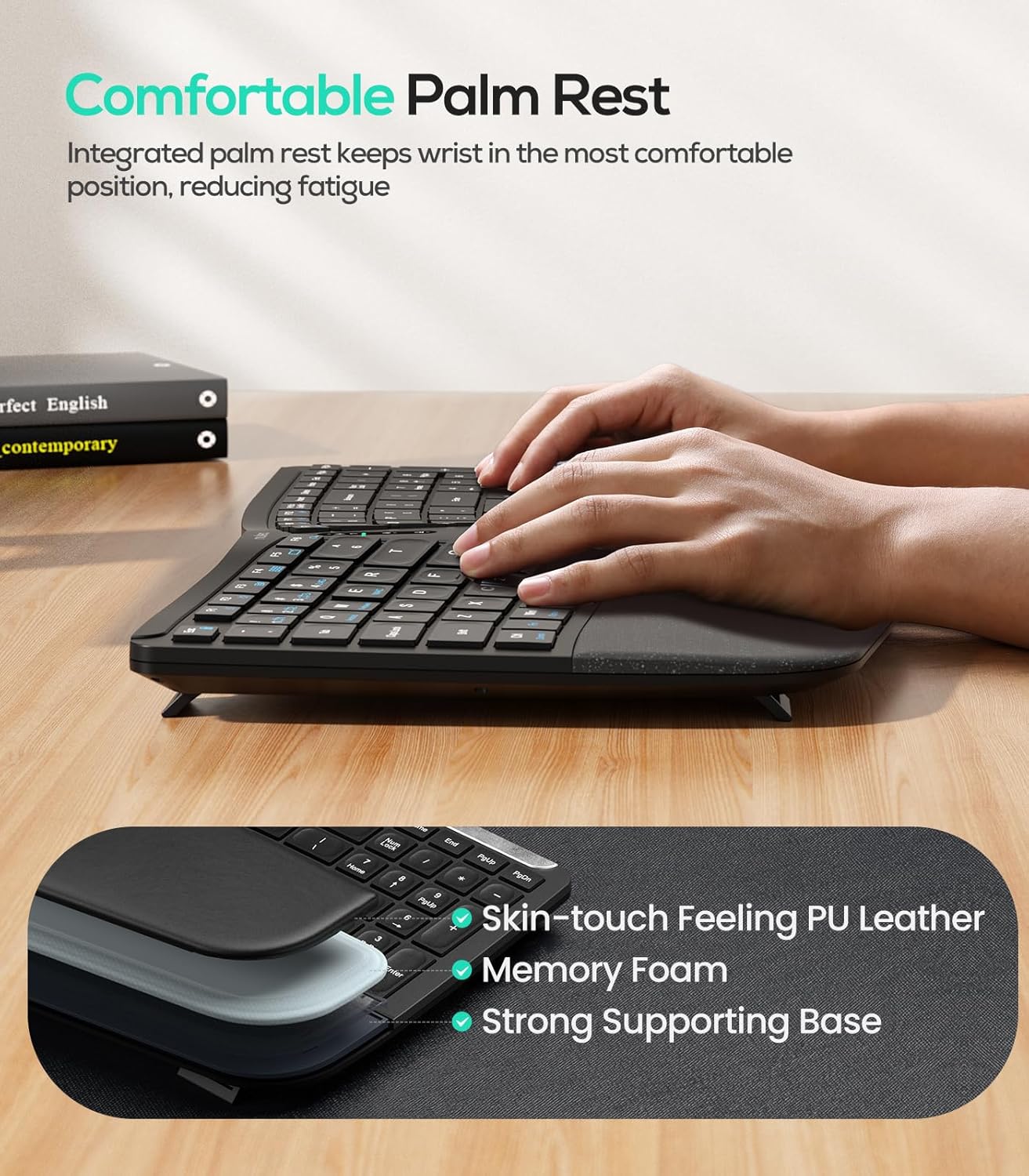 Close-up of Nulea keyboard integrated memory foam palm rest