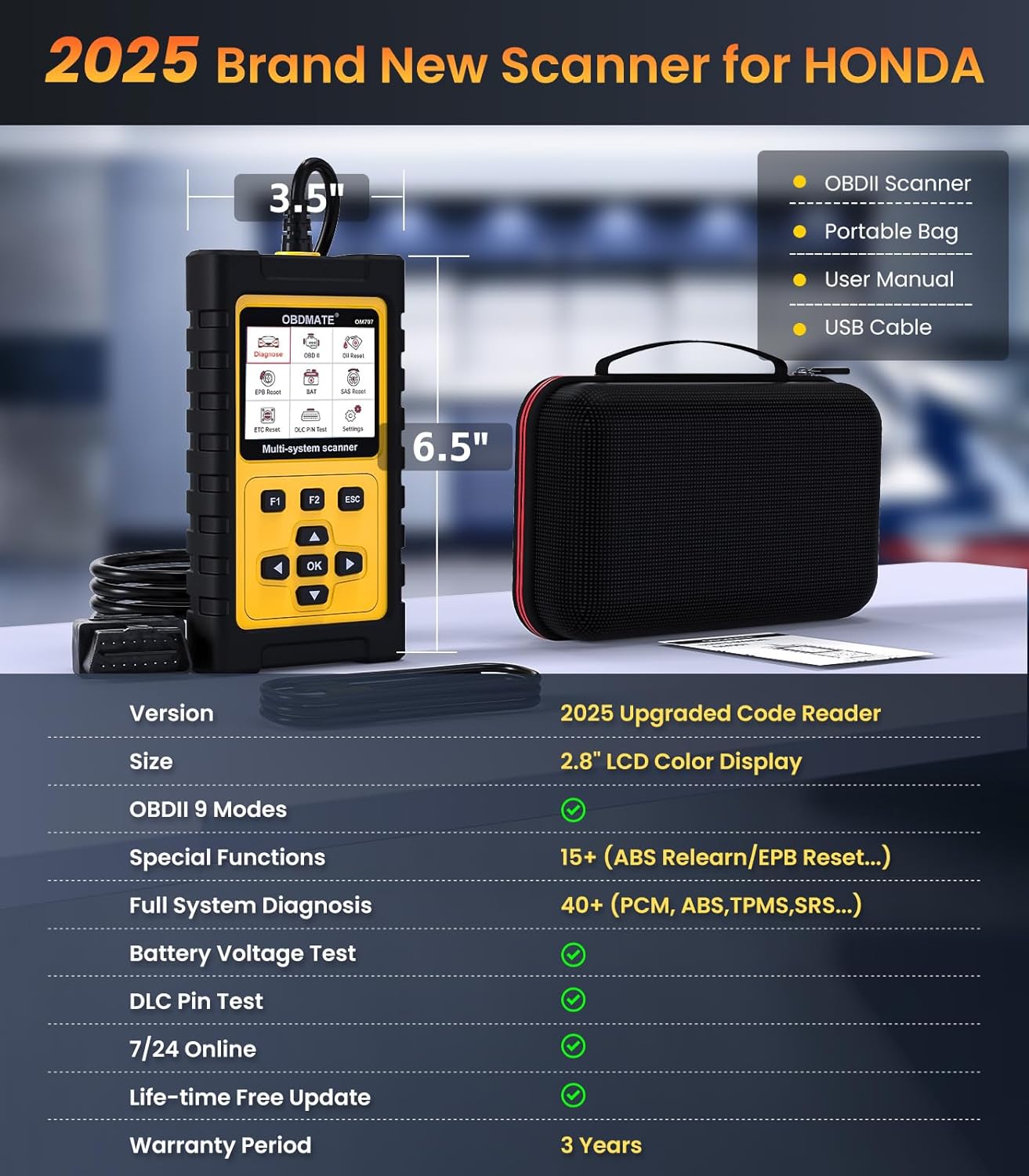 Full product kit with scanner, case, USB-C cable and technical specs