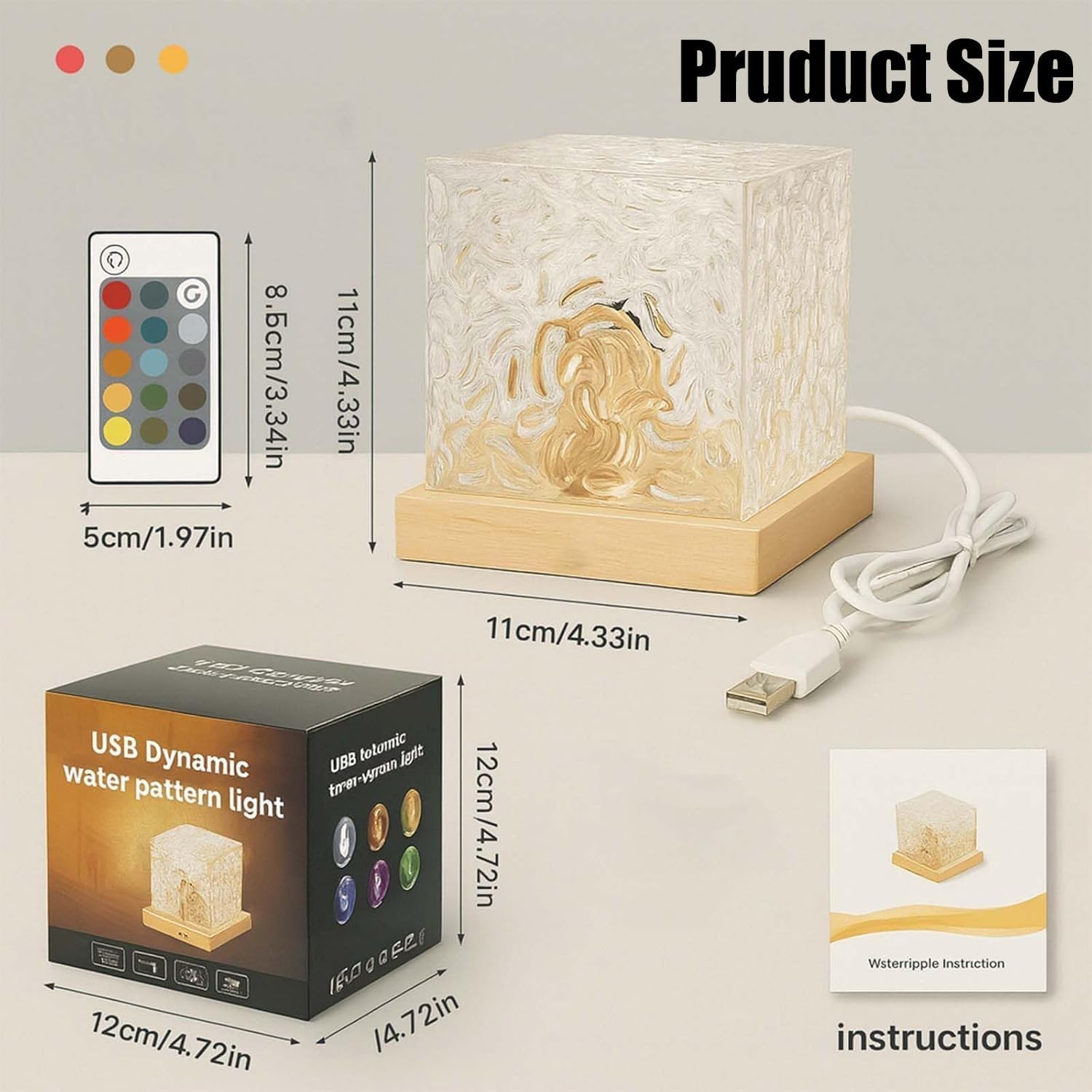 Ocean wave projector lamp dimensions with remote control and USB cable