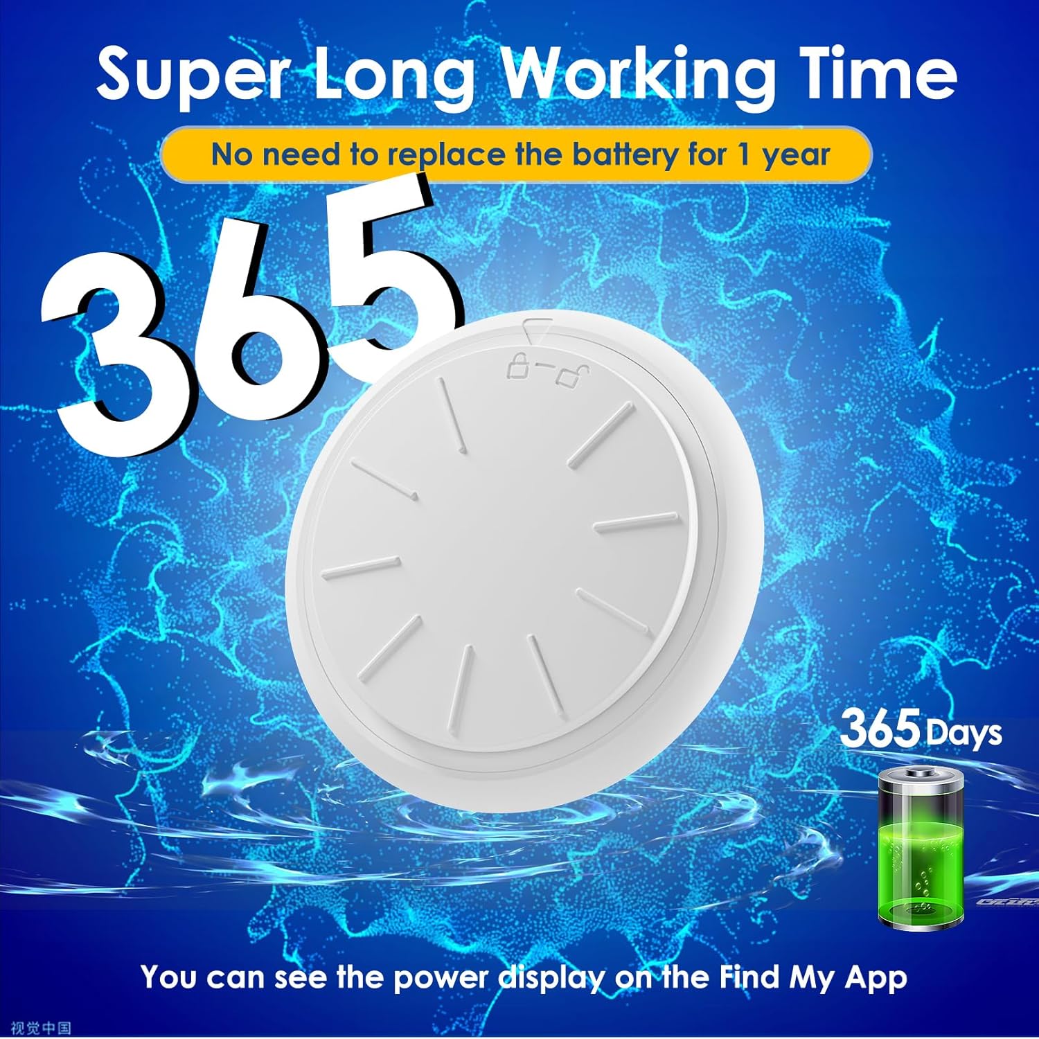Product with battery display on a blue background, highlighting 'Super Long Working Time' and '365 Days'.