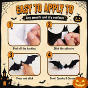 Large oversized 30 cm black Halloween bat decoration with comparison to smaller bats