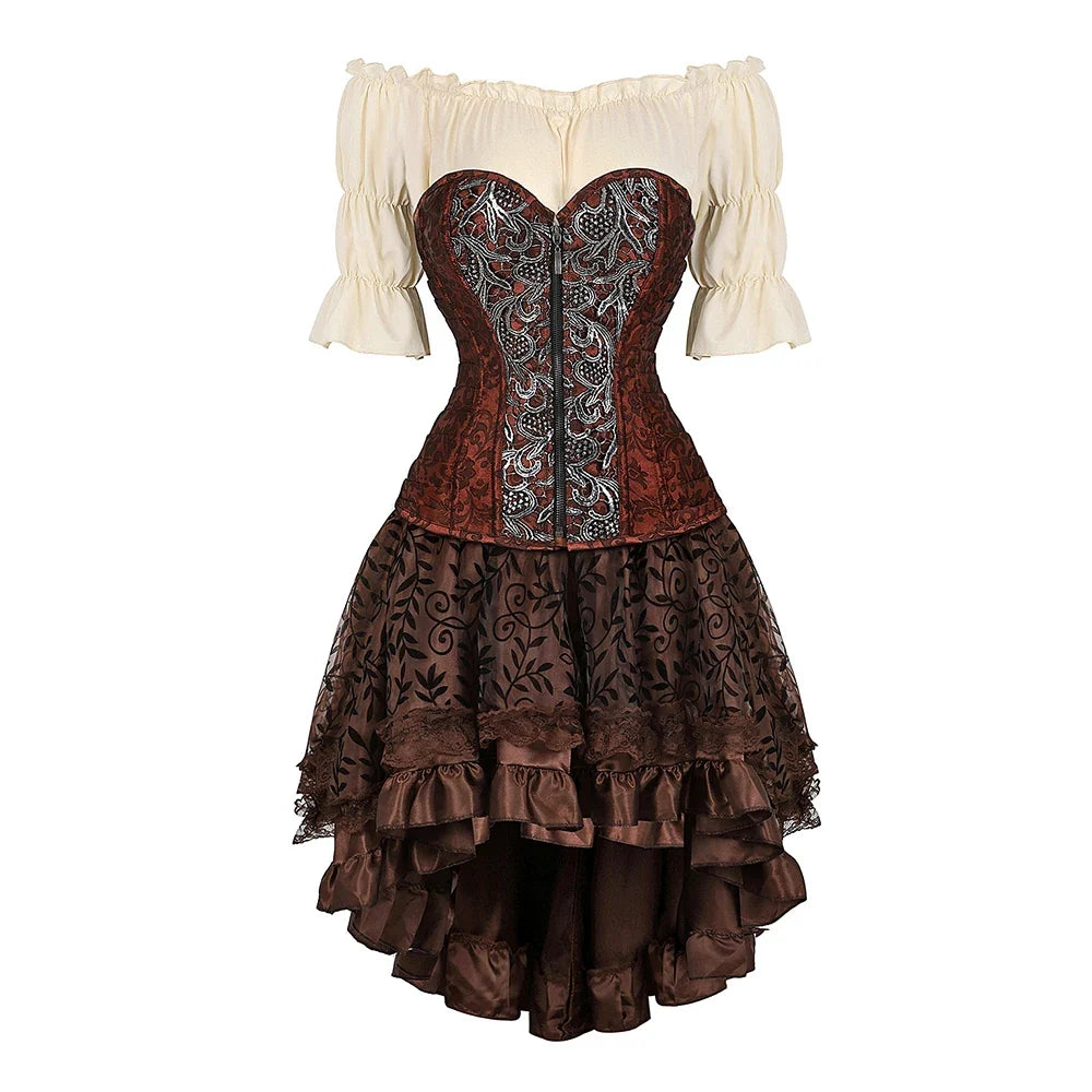 Brown paisley corset outfit with cream blouse and high-low lace skirt