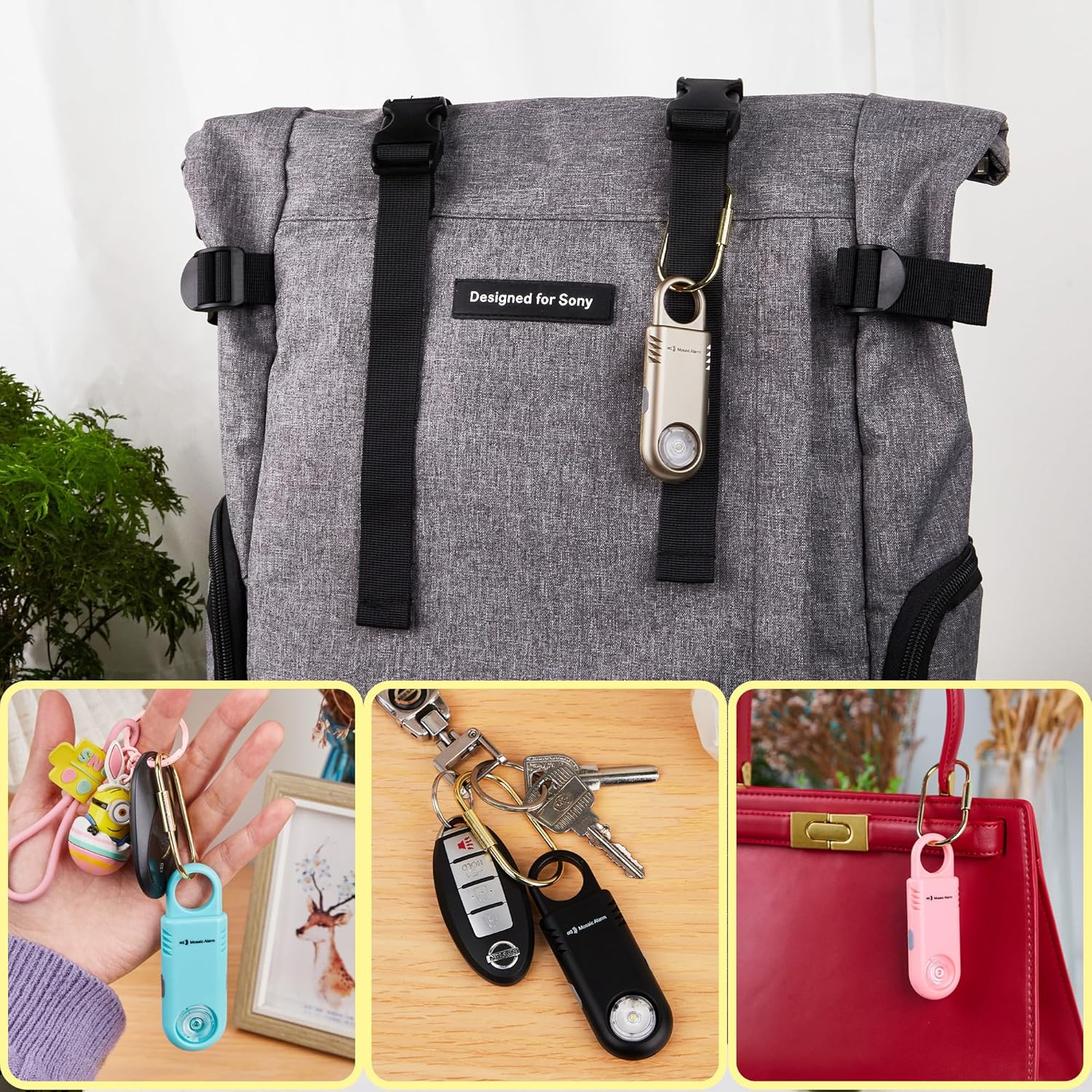 SOS alarm keychains attached to bags, backpacks, and keys for portability