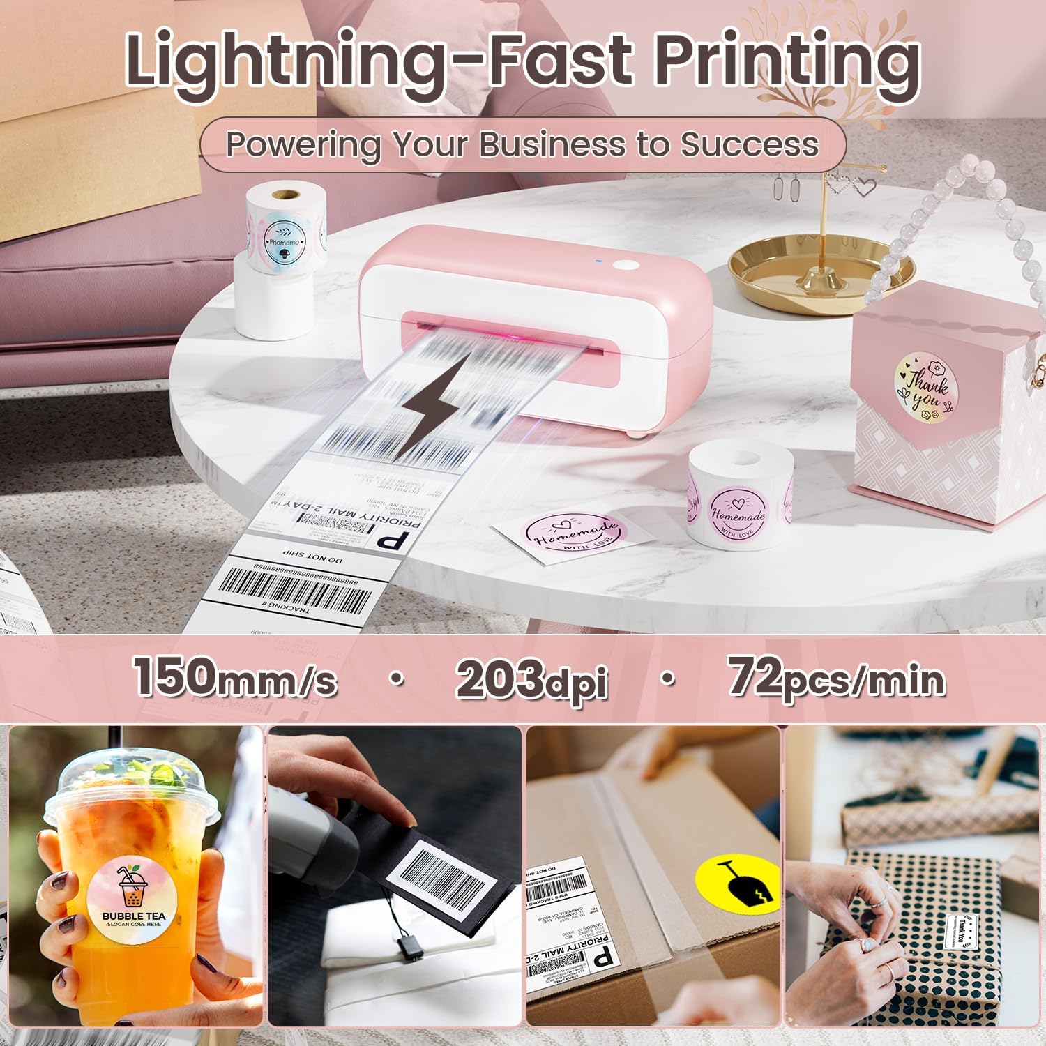 Pink thermal printer printing shipping labels at 150mm/s speed