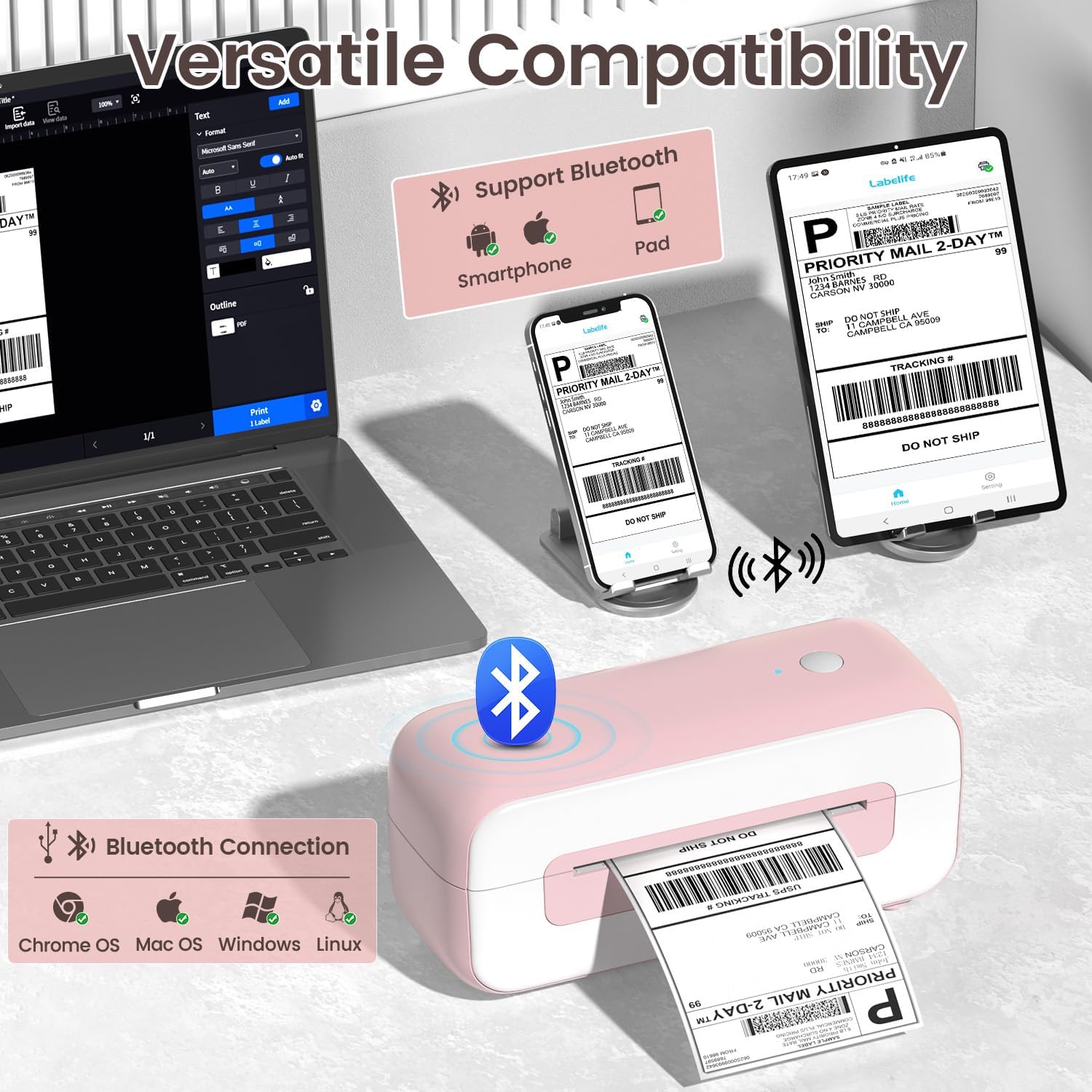 Label printer compatible with phone, tablet, laptop, and Bluetooth devices