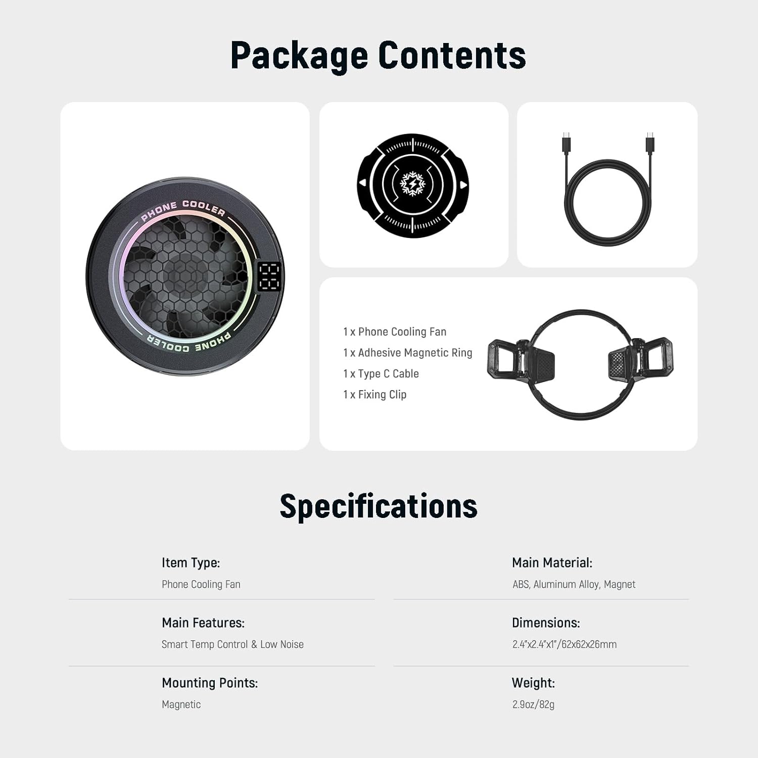 Package contents and technical specifications of the NEEWER magnetic phone cooler