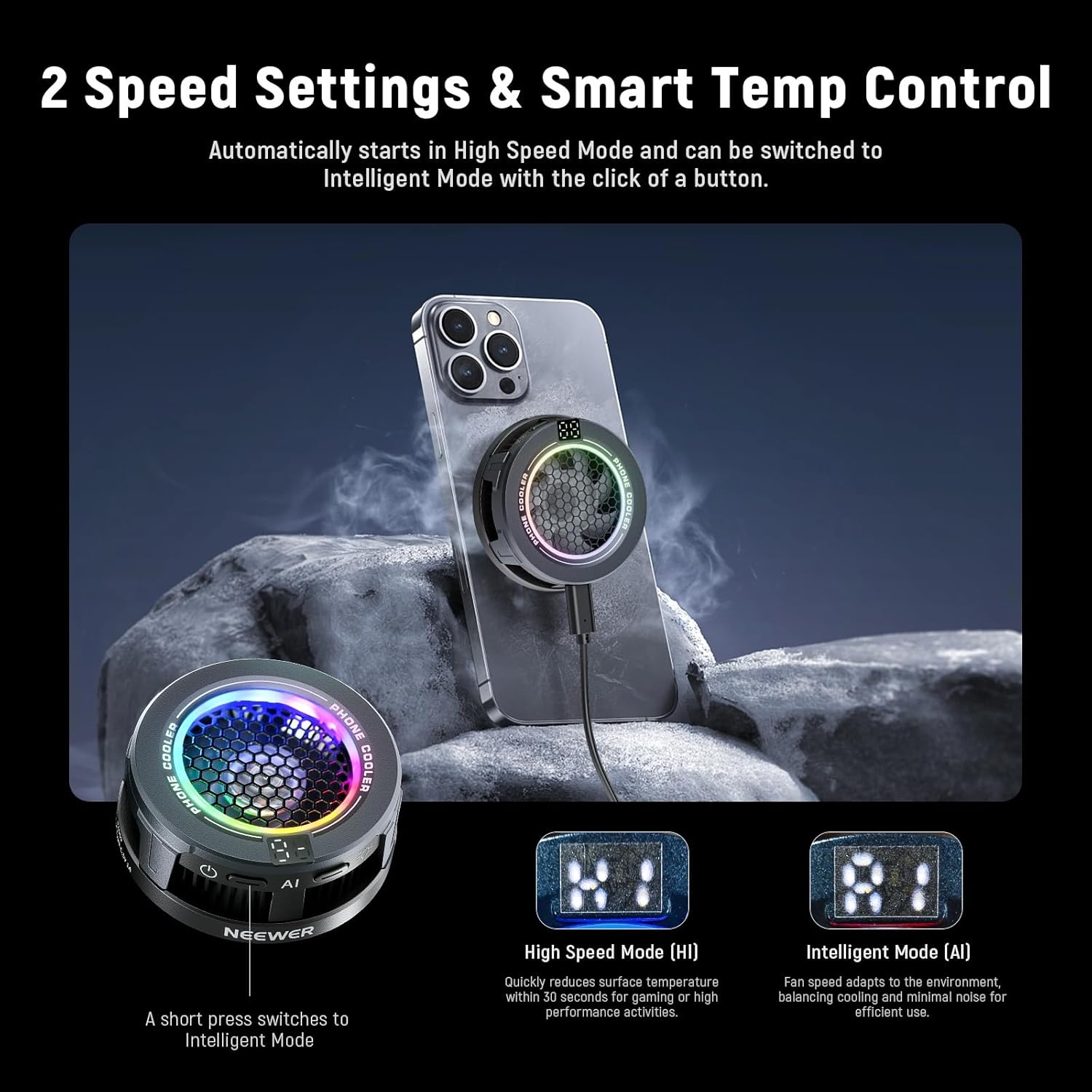 Two speed modes for phone cooler with smart temp control and MagSafe mounting