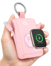 Pink 5000mAh portable charger with Apple Watch magnetic charging pad and built-in cables