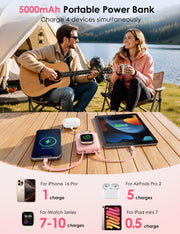 Pink power bank charging Apple Watch phone and tablet during outdoor travel