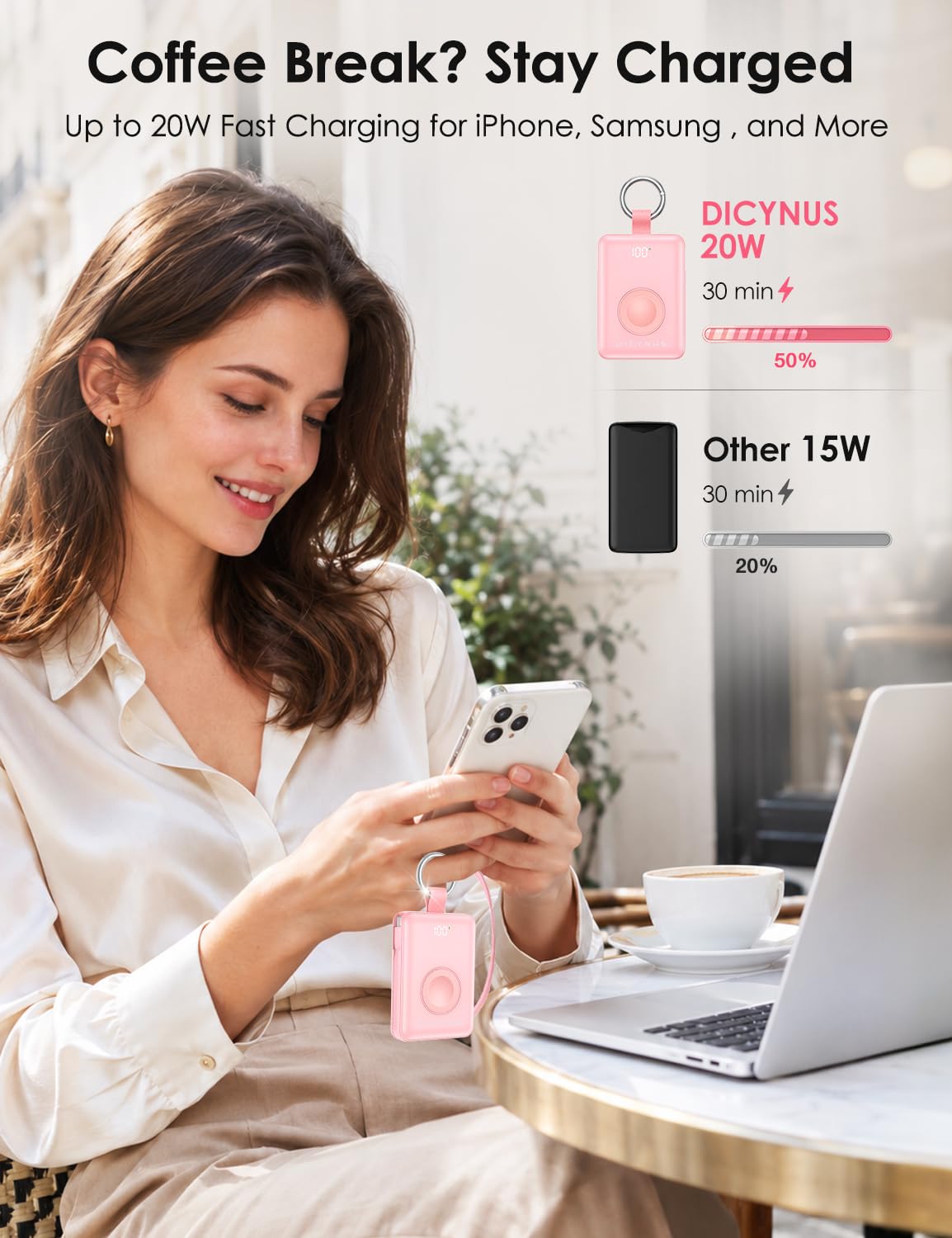 Pink 20W portable phone charger with keyring and built-in charging cable