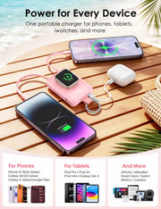 Pink portable power bank charging an Apple Watch and multiple devices