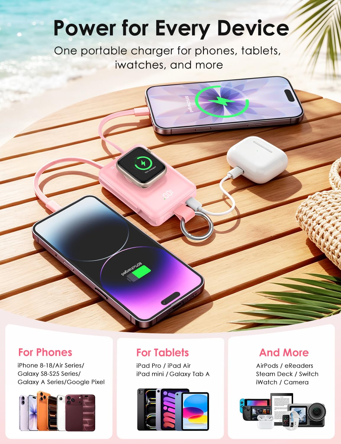Pink portable power bank charging an Apple Watch and multiple devices