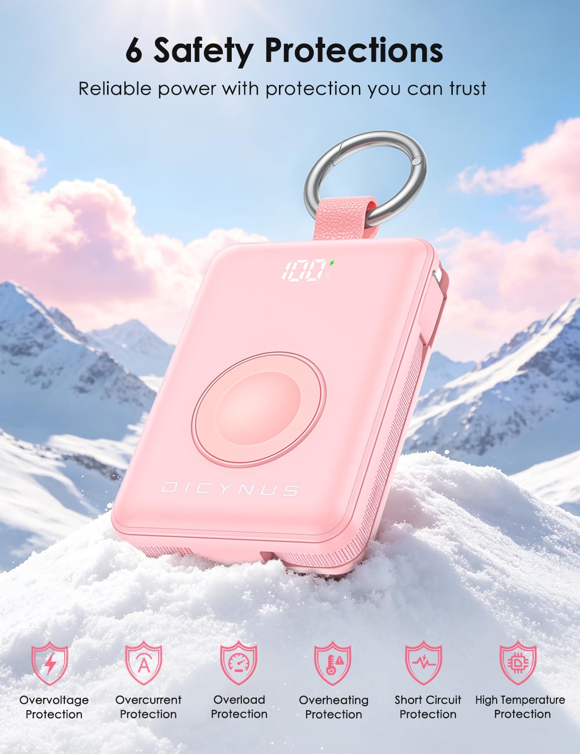 Pink 5000mAh portable charger with listed electrical protections