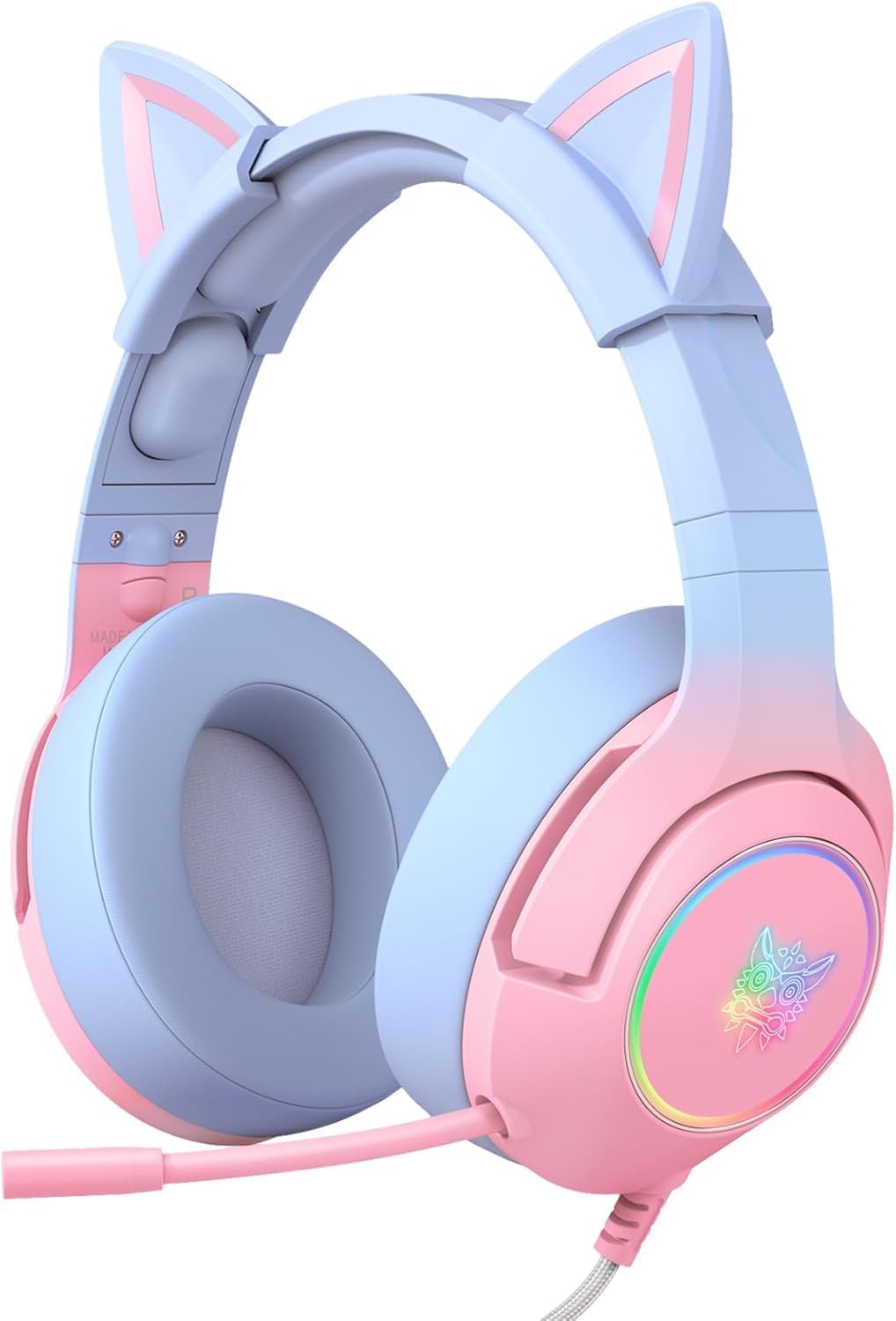Front view of pink and blue cat ear gaming headset with RGB lighting