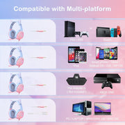 Pink cat ear gaming headset compatibility with PS4, Xbox, PC, and smartphones