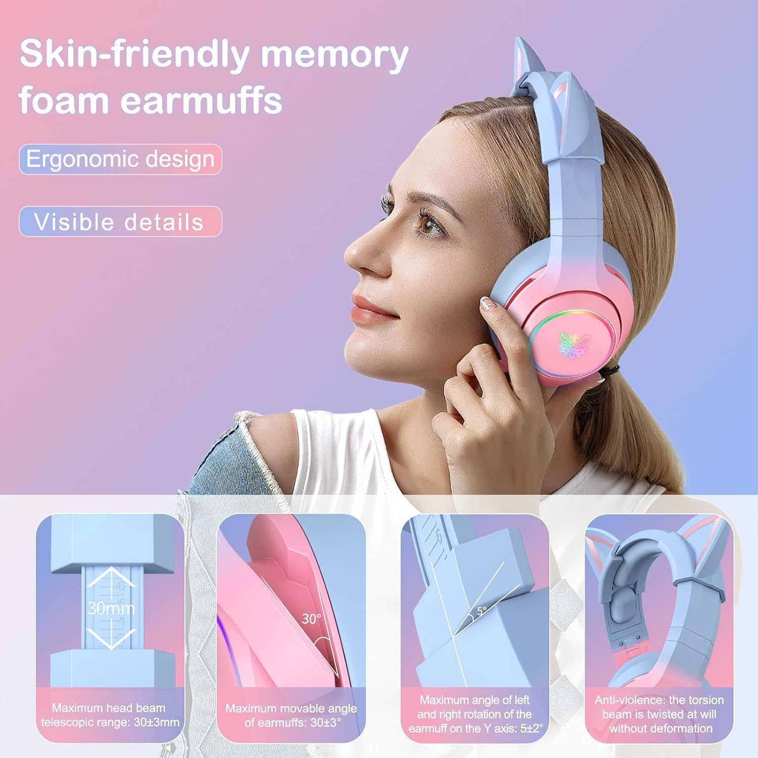 Woman wearing pink cat ear gaming headset with memory foam earmuffs