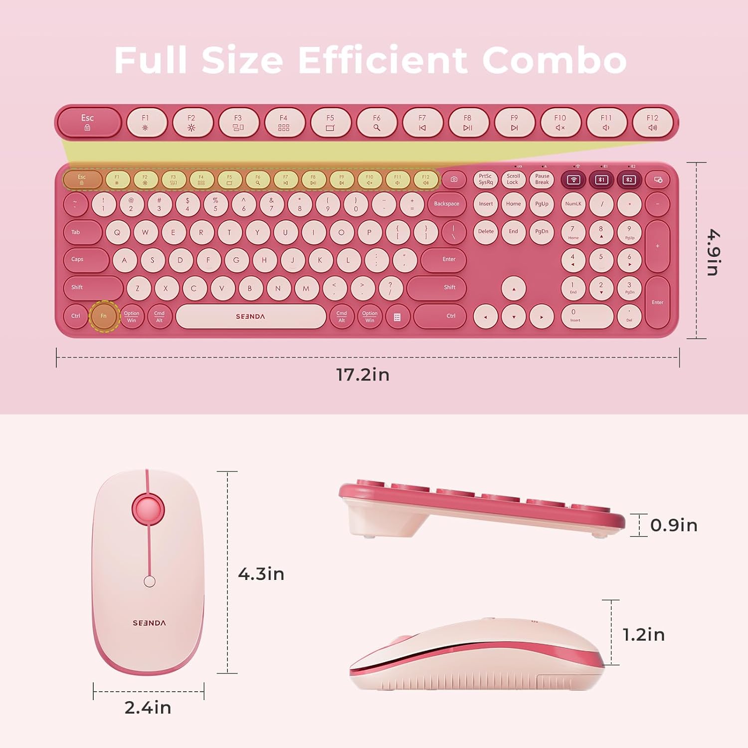 Full-size pink Seenda keyboard and mouse with dimension specs