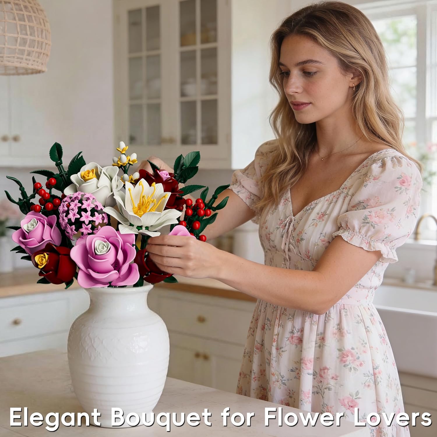 Elegant DIY pink rose flower bouquet displayed as modern home décor centerpiece