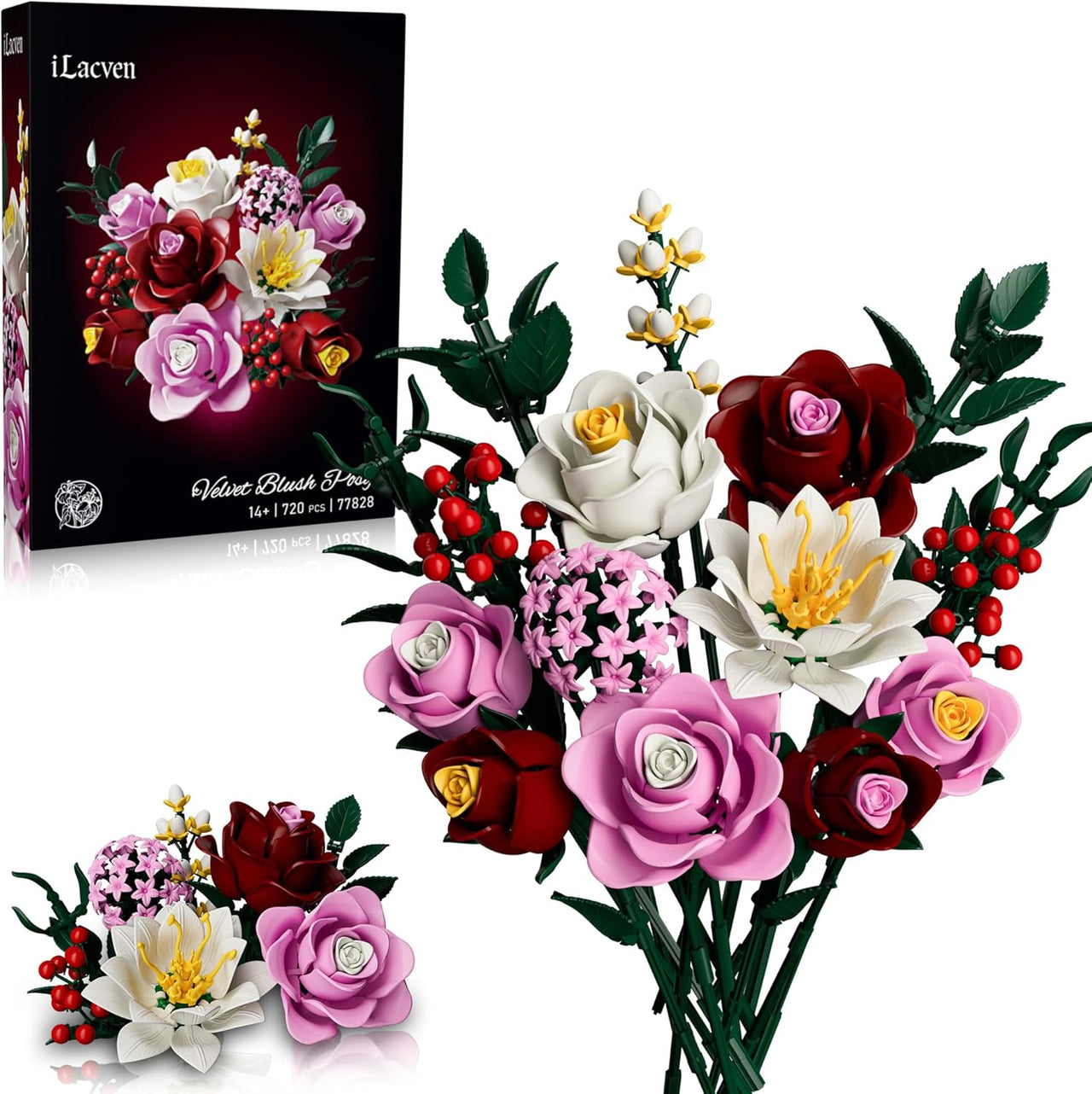 720-piece pink rose flower bouquet building set with retail box and completed floral arrangement